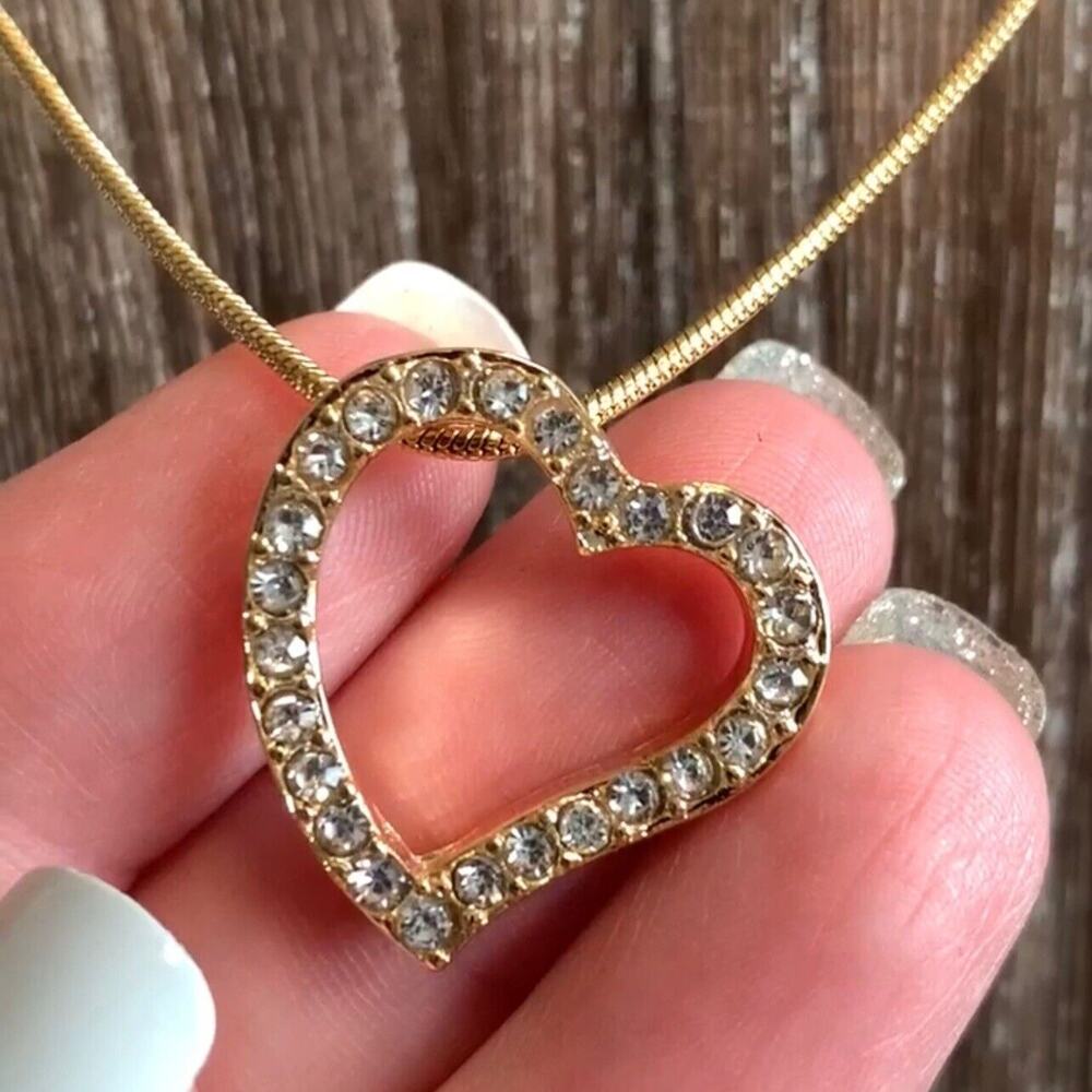 Swarovski Crystal Encrusted Open Heart Pendant On Gold Chain Necklace